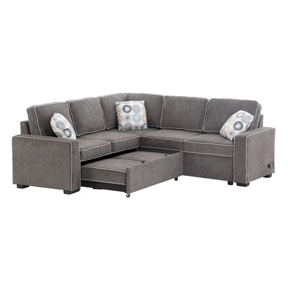 L-Shaped Pull Out Sofa Bed Modern Convertible Sleeper Sofa with 2 USB ports, 2 Power Sockets and 3 Pillows