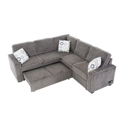 L-Shaped Pull Out Sofa Bed Modern Convertible Sleeper Sofa with 2 USB ports, 2 Power Sockets and 3 Pillows