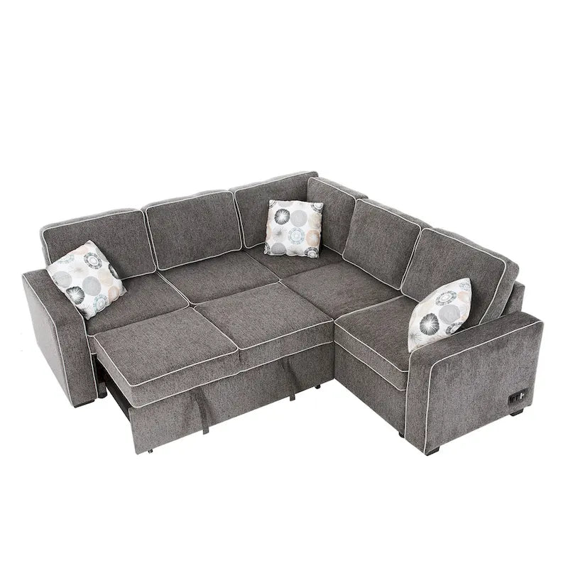 L-Shaped Pull Out Sofa Bed Modern Convertible Sleeper Sofa with 2 USB ports, 2 Power Sockets and 3 Pillows