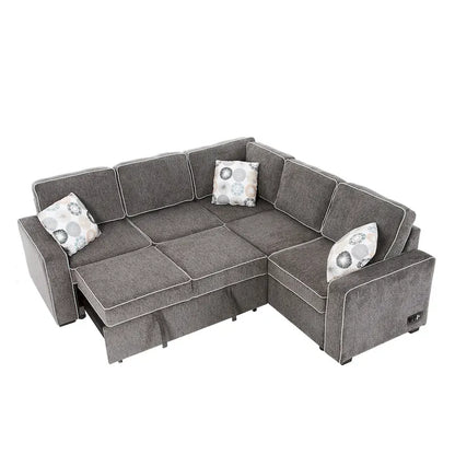 L-Shaped Pull Out Sofa Bed Modern Convertible Sleeper Sofa with 2 USB ports, 2 Power Sockets and 3 Pillows