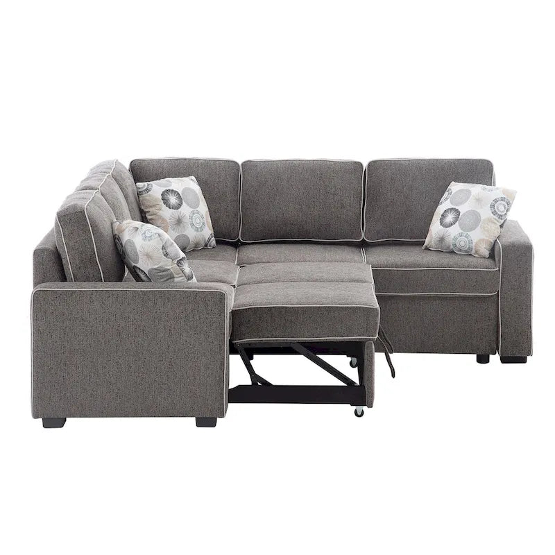 L-Shaped Pull Out Sofa Bed Modern Convertible Sleeper Sofa with 2 USB ports, 2 Power Sockets and 3 Pillows