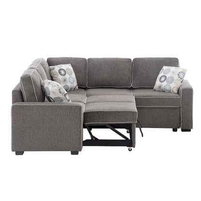 L-Shaped Pull Out Sofa Bed Modern Convertible Sleeper Sofa with 2 USB ports, 2 Power Sockets and 3 Pillows