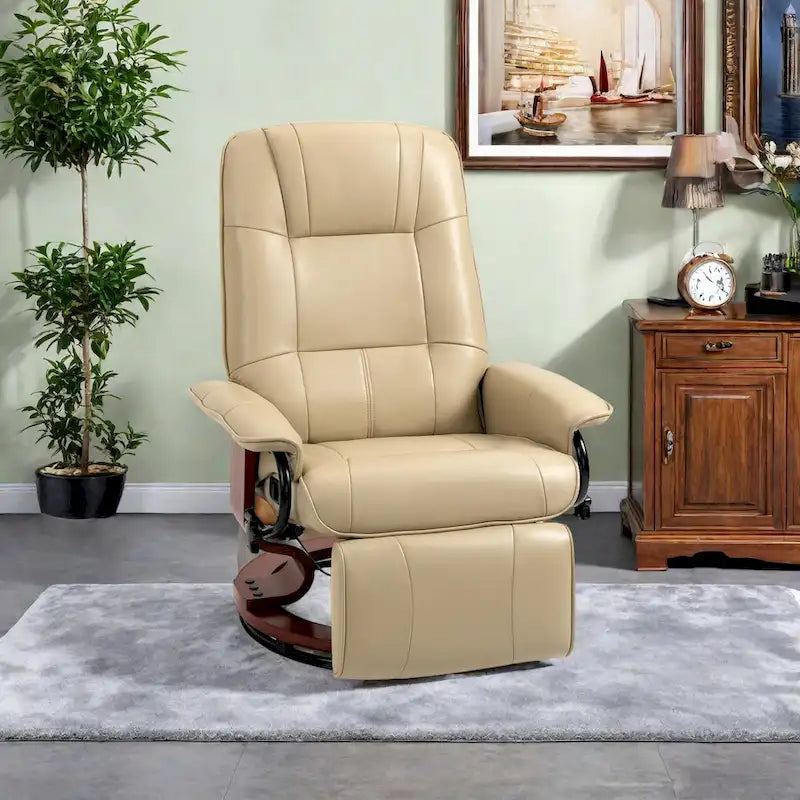 Faux Leather Manual Swivel Recliner Chair with Footrest, Armrest and Wrapped Wood Base