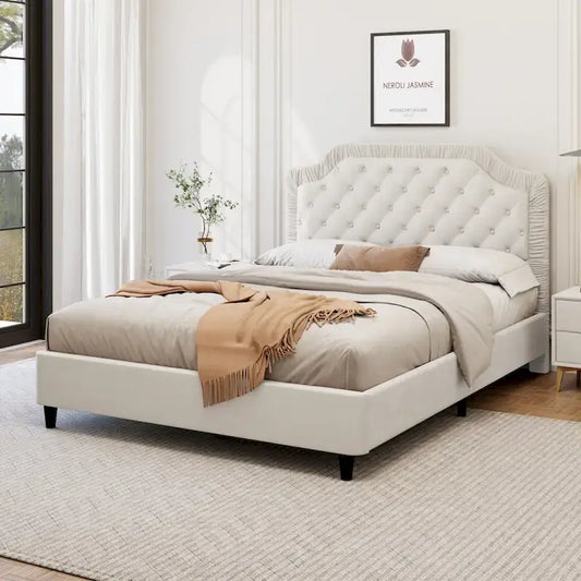 Modern Full-Size Upholstered Bed with Pleated and Button-Tufted Headboard, Solid Wood Frame and Metal Base, No Box Spring Needed