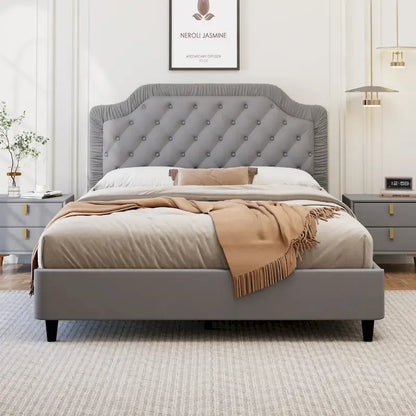 Modern Full-Size Upholstered Bed with Pleated and Button-Tufted Headboard, Solid Wood Frame and Metal Base, No Box Spring Needed