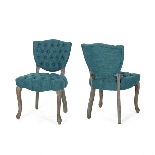 Dining Chair Set of 2, Button Tufted Teal Fabric Design, Rubberwood