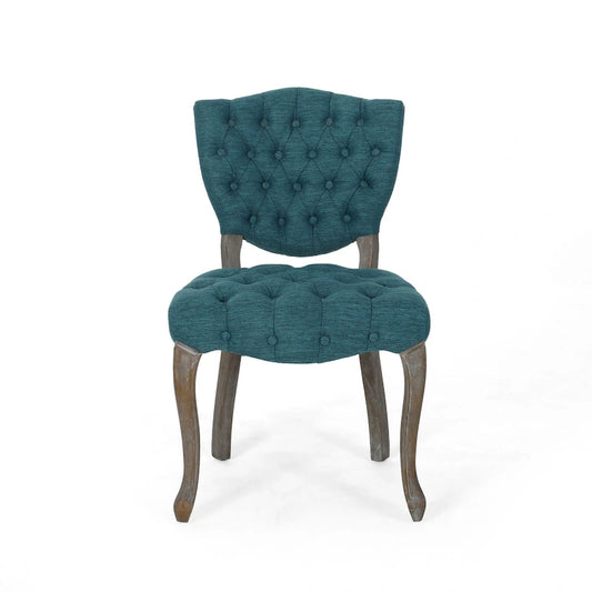 Dining Chair Set of 2, Button Tufted Teal Fabric Design, Rubberwood
