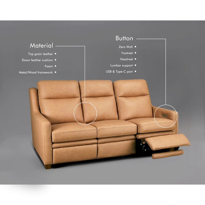 Genuine Leather Recliner Sofa 78 Triple-Motor Power Zero-Wall Reclining 3-Seat Sofa with USB&USB-C Port