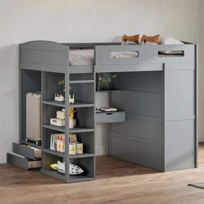 Full Size Wood Loft Bed with Desk, Wardrobes,Drawers and Shelves