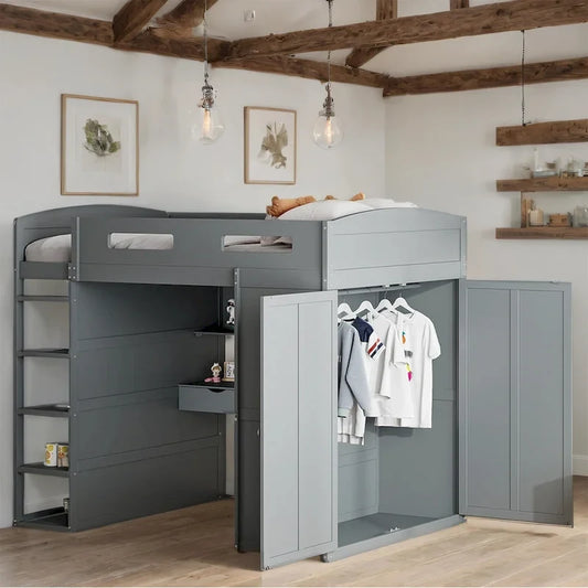 Full Size Wood Loft Bed with Desk, Wardrobes,Drawers and Shelves