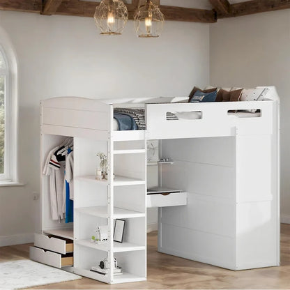 Full Size Wood Loft Bed with Desk, Wardrobes,Drawers and Shelves