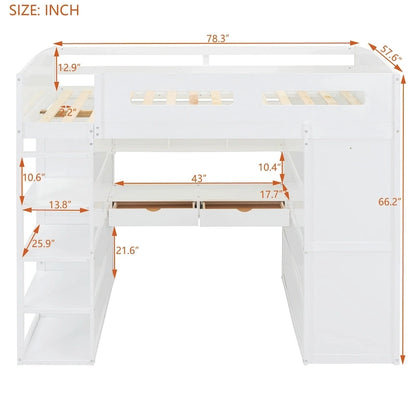 Full Size Wood Loft Bed with Desk, Wardrobes,Drawers and Shelves