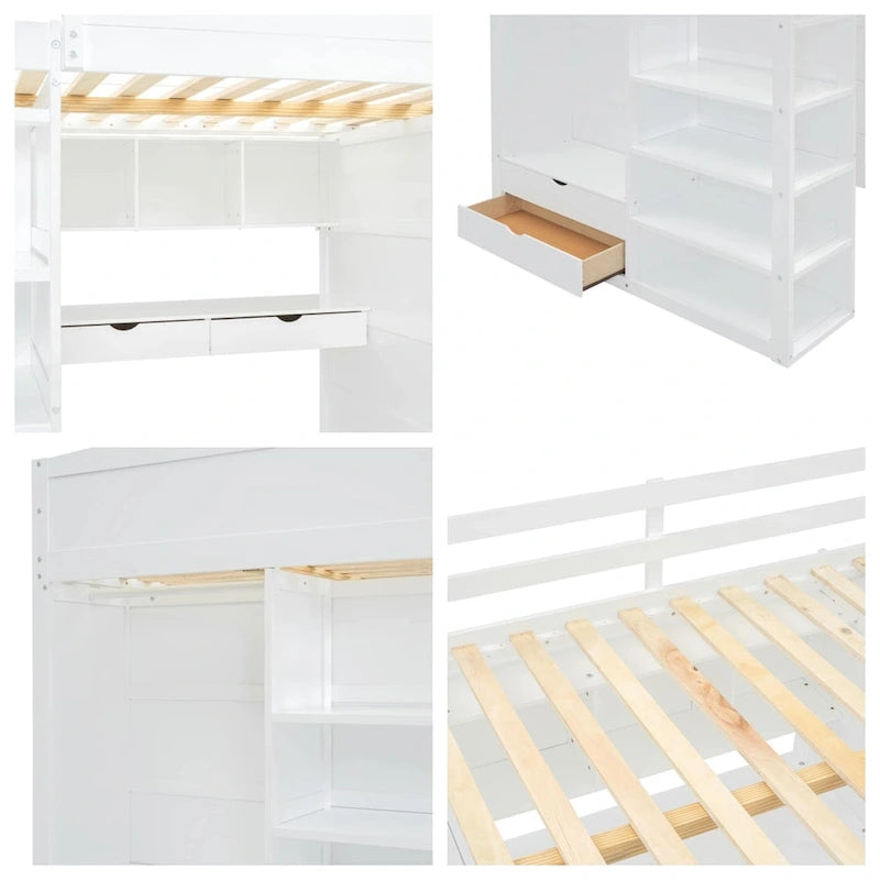 Full Size Wood Loft Bed with Desk, Wardrobes,Drawers and Shelves