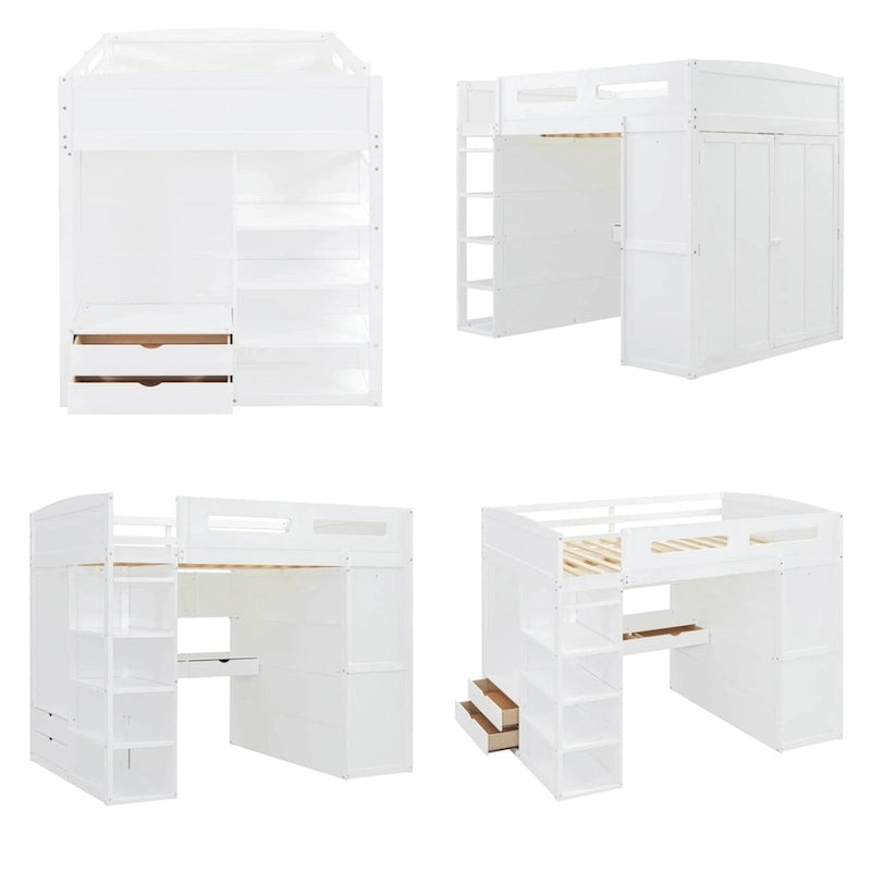 Full Size Wood Loft Bed with Desk, Wardrobes,Drawers and Shelves