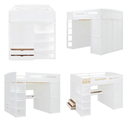 Full Size Wood Loft Bed with Desk, Wardrobes,Drawers and Shelves