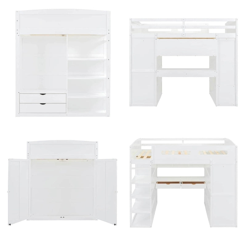 Full Size Wood Loft Bed with Desk, Wardrobes,Drawers and Shelves