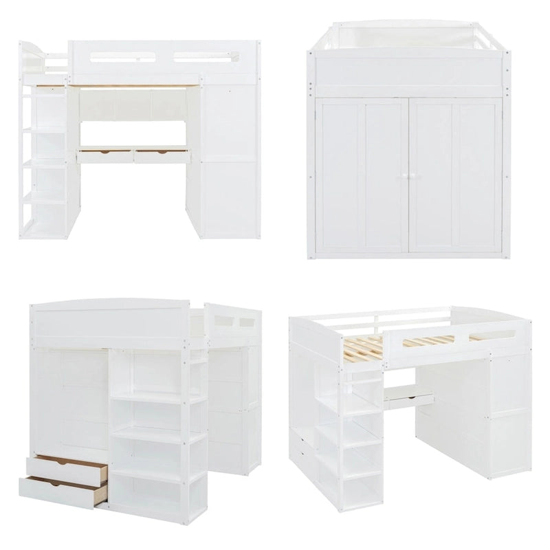 Full Size Wood Loft Bed with Desk, Wardrobes,Drawers and Shelves