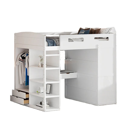 Full Size Wood Loft Bed with Desk, Wardrobes,Drawers and Shelves