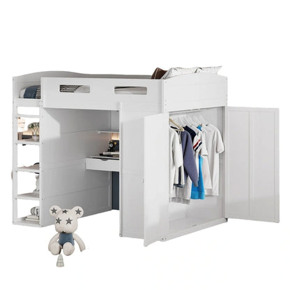 Full Size Wood Loft Bed with Desk, Wardrobes,Drawers and Shelves