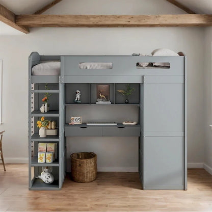 Full Size Wood Loft Bed with Desk, Wardrobes,Drawers and Shelves