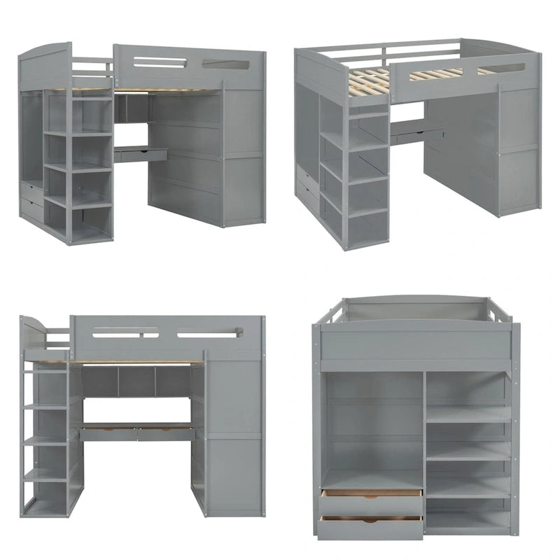 Full Size Wood Loft Bed with Desk, Wardrobes,Drawers and Shelves