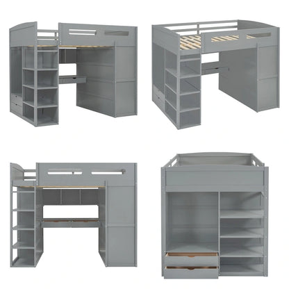 Full Size Wood Loft Bed with Desk, Wardrobes,Drawers and Shelves