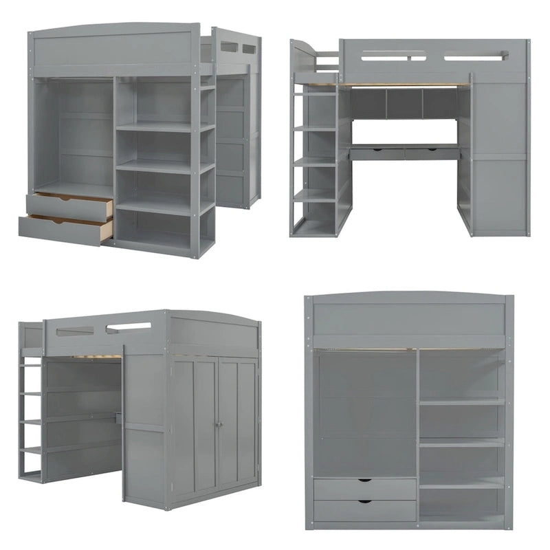 Full Size Wood Loft Bed with Desk, Wardrobes,Drawers and Shelves