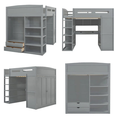 Full Size Wood Loft Bed with Desk, Wardrobes,Drawers and Shelves