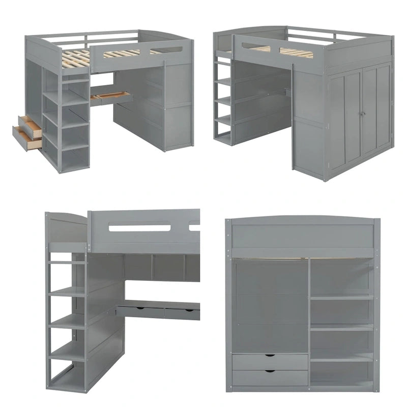 Full Size Wood Loft Bed with Desk, Wardrobes,Drawers and Shelves