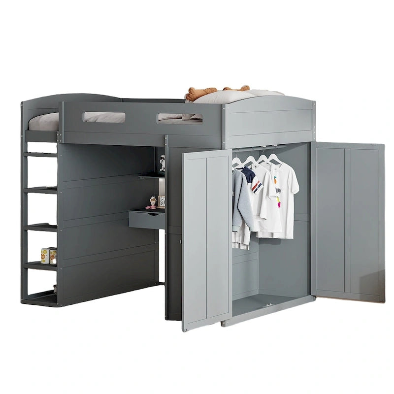 Full Size Wood Loft Bed with Desk, Wardrobes,Drawers and Shelves