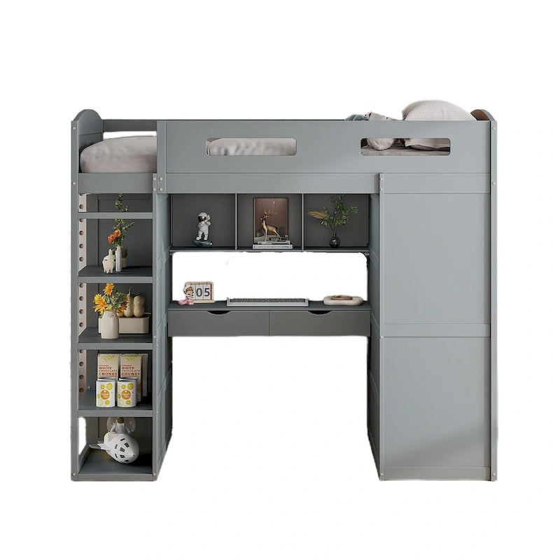 Full Size Wood Loft Bed with Desk, Wardrobes,Drawers and Shelves