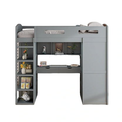 Full Size Wood Loft Bed with Desk, Wardrobes,Drawers and Shelves