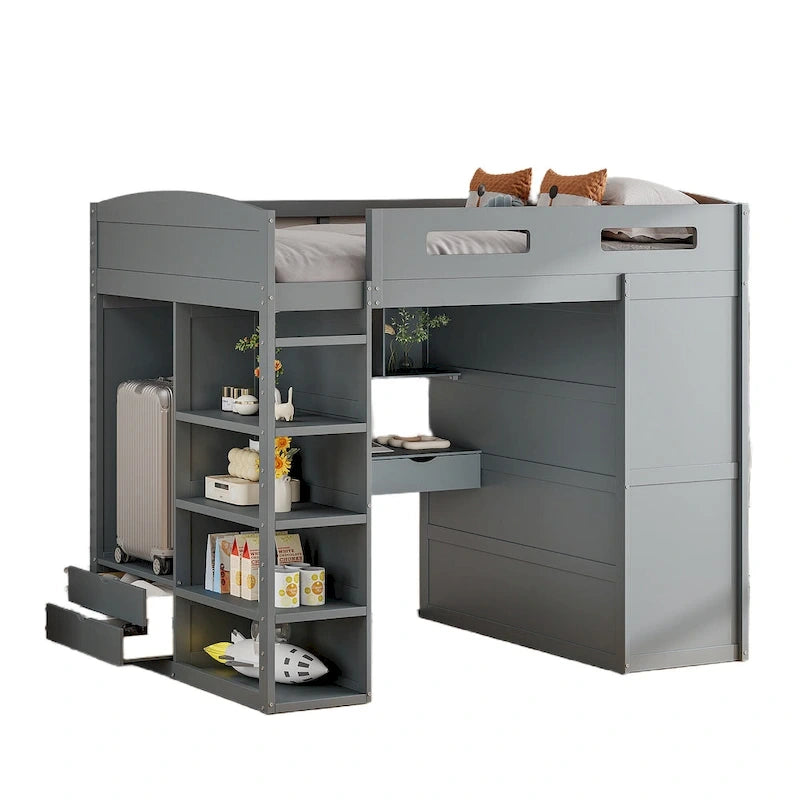 Full Size Wood Loft Bed with Desk, Wardrobes,Drawers and Shelves