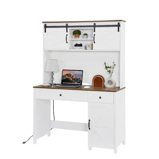 Farmhouse Computer Writing Desk with Hutch and Charging Station for Home Offices or Student Workspaces