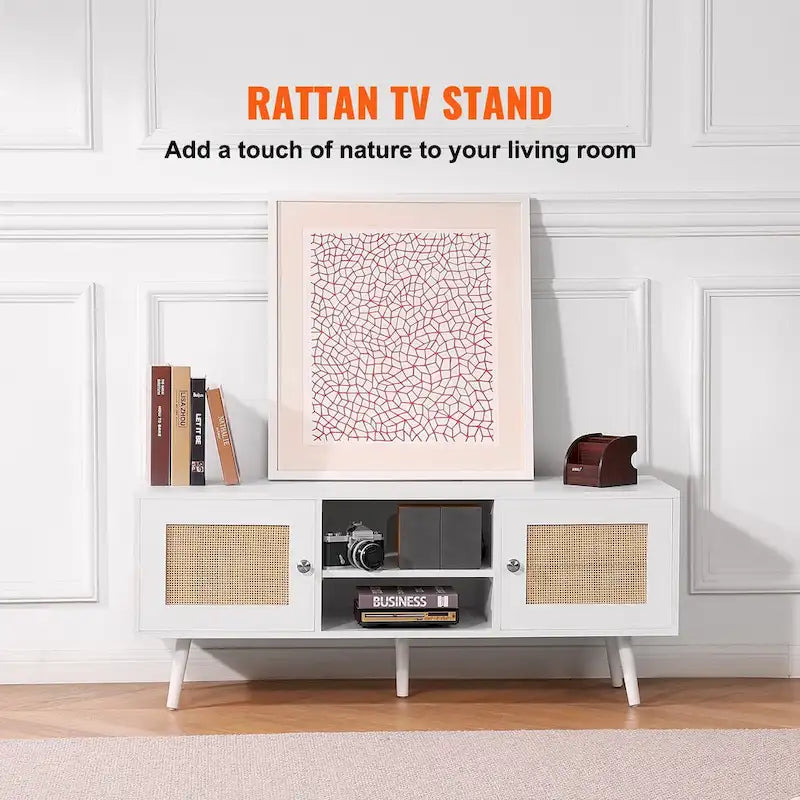 Rattan TV Stand, Mid Century Modern TV Stand, Boho Rattan TV Cabinet with Build-in Socket and USB Ports, Adjustable Shelfs