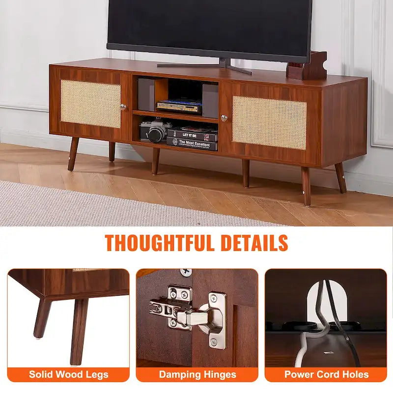Rattan TV Stand, Mid Century Modern TV Stand, Boho Rattan TV Cabinet with Build-in Socket and USB Ports, Adjustable Shelfs
