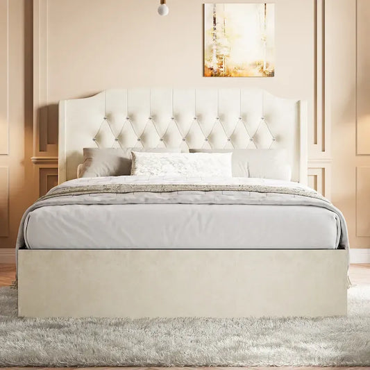 Queen Size Tufted Bed Frame with Crystal Button Accents, Wingback Headboard & Under-Bed Storage,Beige