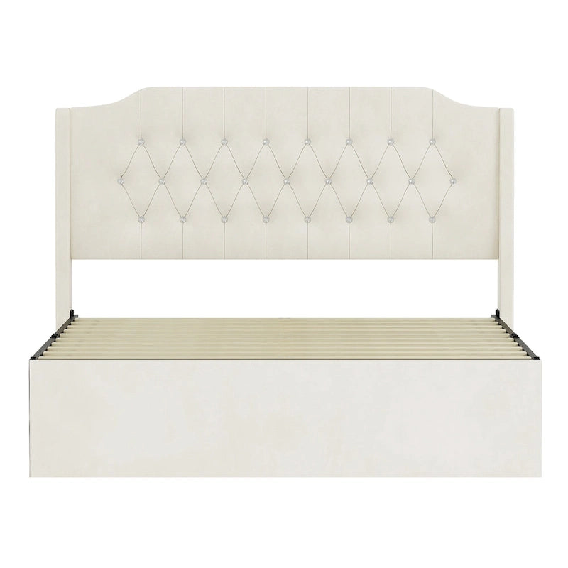 Queen Size Tufted Bed Frame with Crystal Button Accents, Wingback Headboard & Under-Bed Storage,Beige