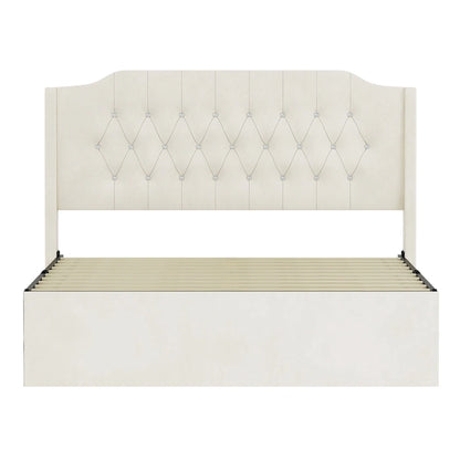 Queen Size Tufted Bed Frame with Crystal Button Accents, Wingback Headboard & Under-Bed Storage,Beige