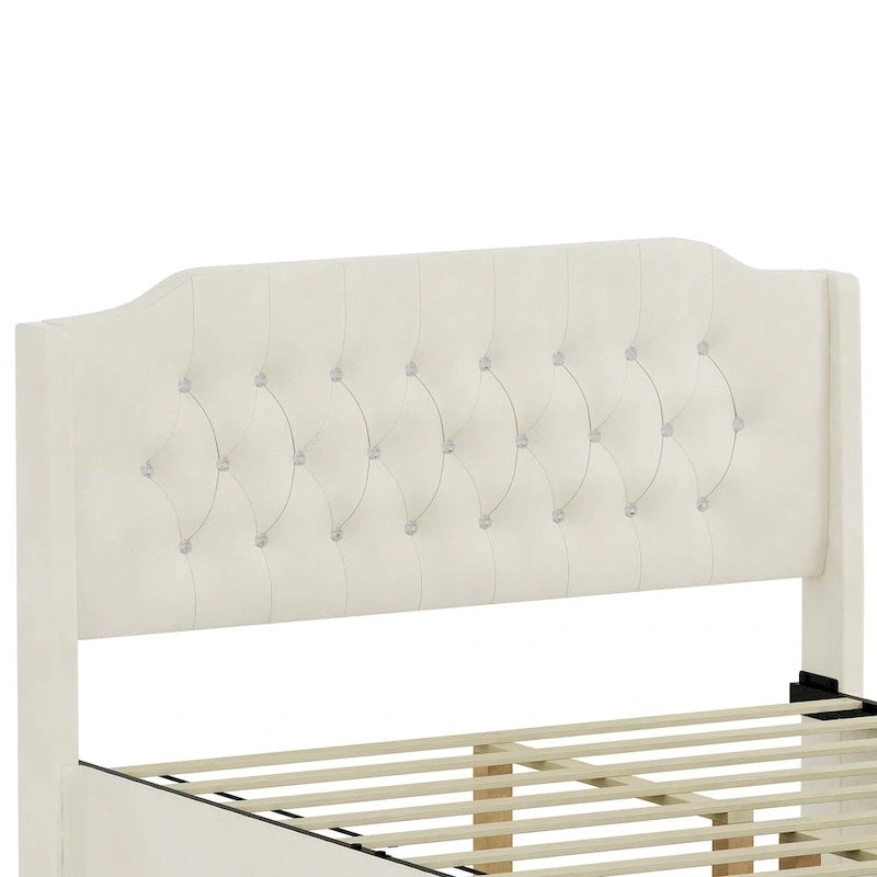 Queen Size Tufted Bed Frame with Crystal Button Accents, Wingback Headboard & Under-Bed Storage,Beige