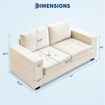 70 Chenille Loveseat Sofa with USB Charging  Modern Sectional w/Storage Pockets & Removable Cover for Living Room,