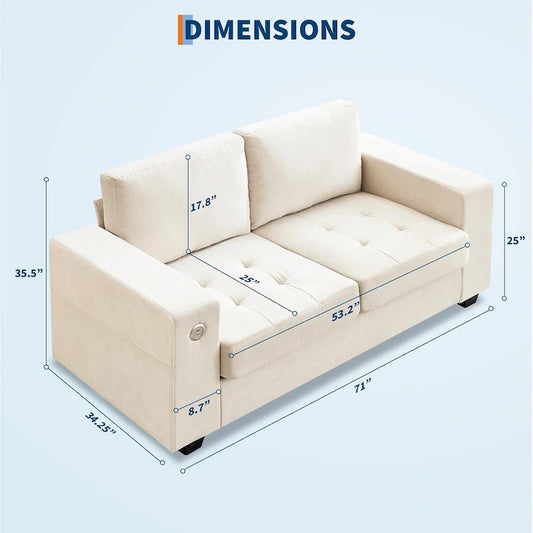 70 Chenille Loveseat Sofa with USB Charging  Modern Sectional w/Storage Pockets & Removable Cover for Living Room,