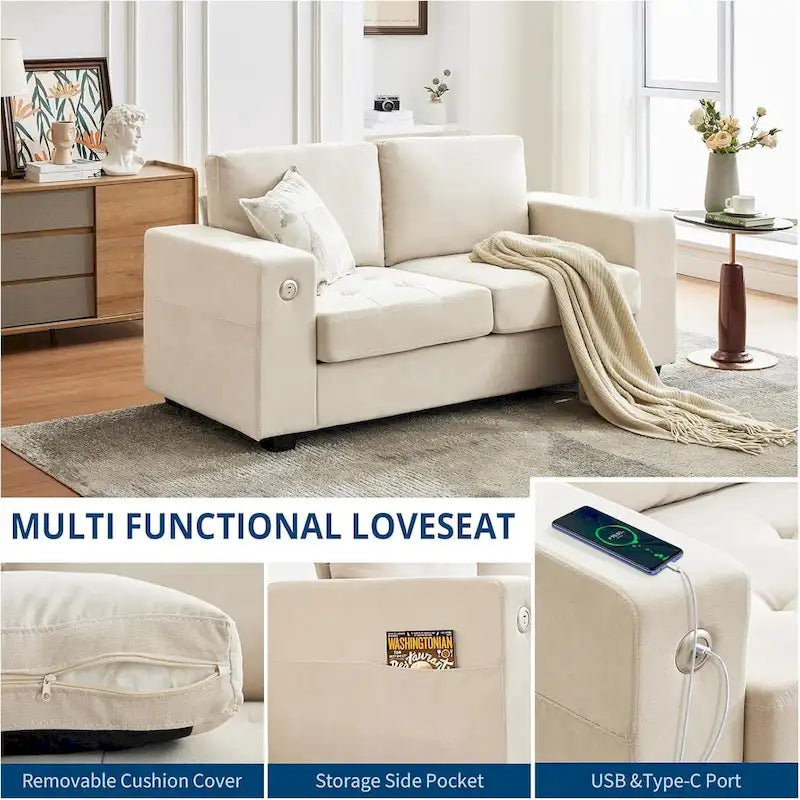 70 Chenille Loveseat Sofa with USB Charging  Modern Sectional w/Storage Pockets & Removable Cover for Living Room,