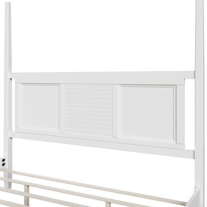 Roomfitters King Size Poster Bed, Solid Wood Frame, Horizontal Grille Design, White