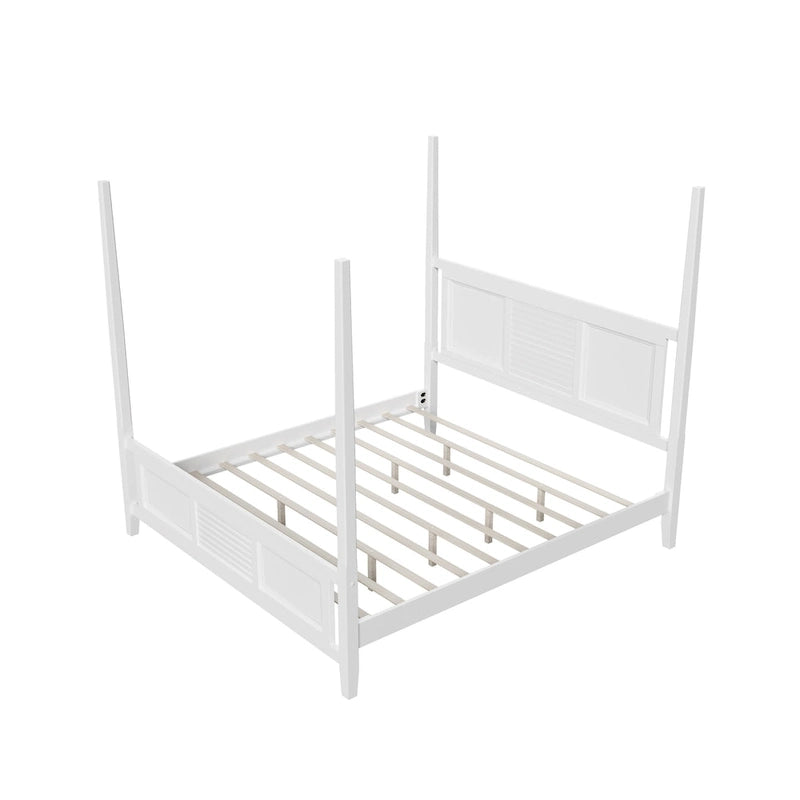 Roomfitters King Size Poster Bed, Solid Wood Frame, Horizontal Grille Design, White