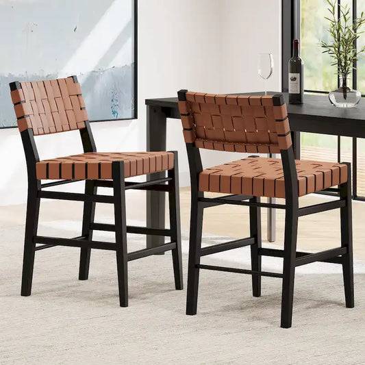 Roomfitters PU Leather Counter Stools, Set of 2 Bar Height Chairs with Woven Back and Rubberwood Frame, Black Brown