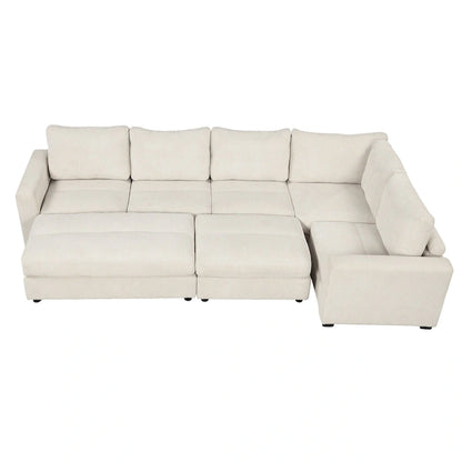 Corduroy Sectional Couch Sofa Bed, Modular Sofa with 2 Movable Ottomans Sleeper Recliner Sofa Couch for Living Room