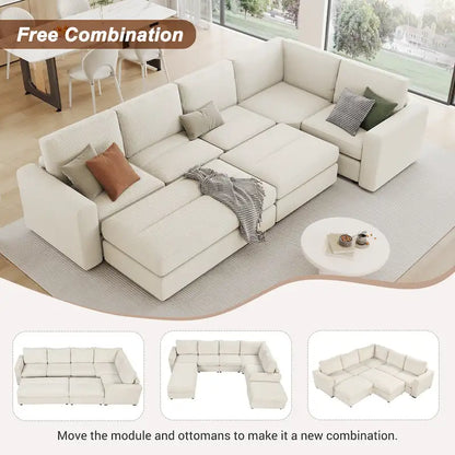 Corduroy Sectional Couch Sofa Bed, Modular Sofa with 2 Movable Ottomans Sleeper Recliner Sofa Couch for Living Room