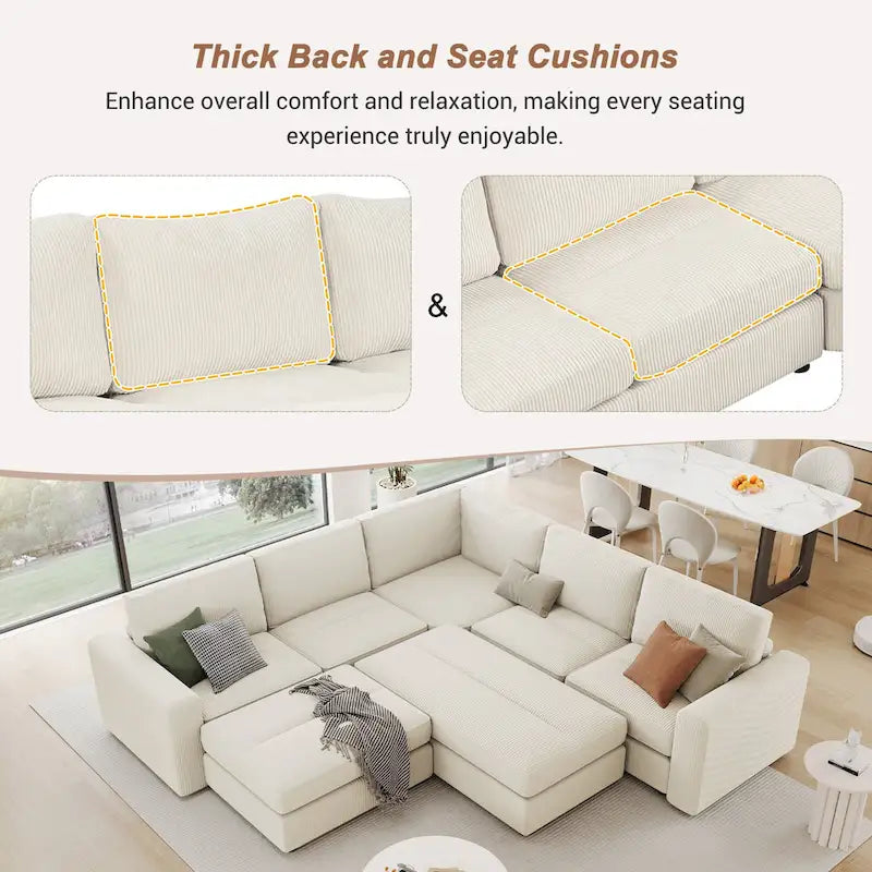 Corduroy Sectional Couch Sofa Bed, Modular Sofa with 2 Movable Ottomans Sleeper Recliner Sofa Couch for Living Room