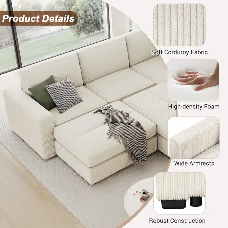 Corduroy Sectional Couch Sofa Bed, Modular Sofa with 2 Movable Ottomans Sleeper Recliner Sofa Couch for Living Room